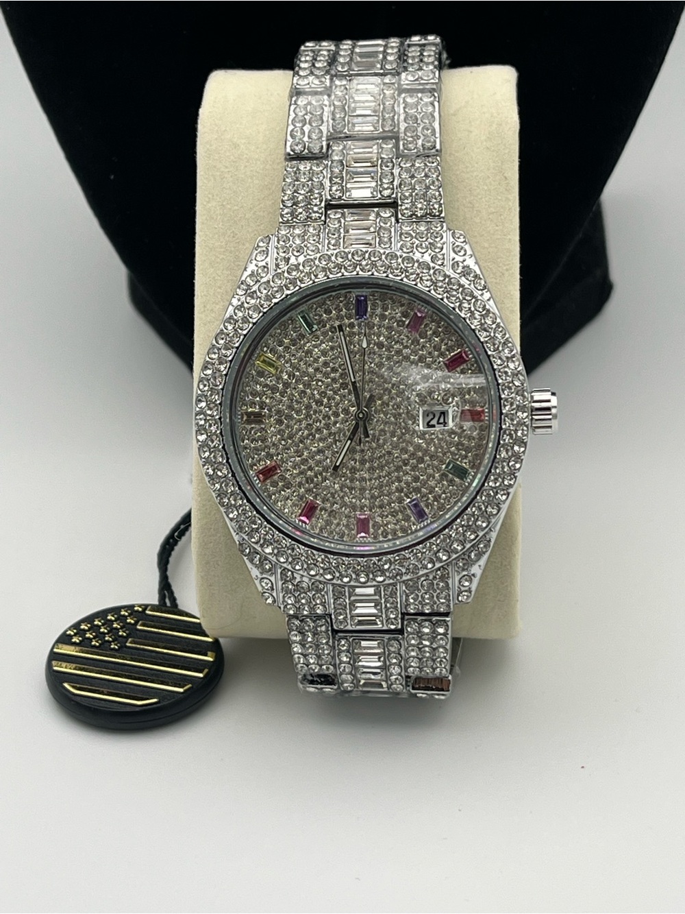 Silver Crystal Pavé Men's Watch with Multicolor Hour Markers
